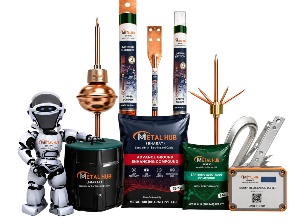 Metal Hub earthing electrodes, ESE lightning arrester, backfill compound and earth resistance tester product range